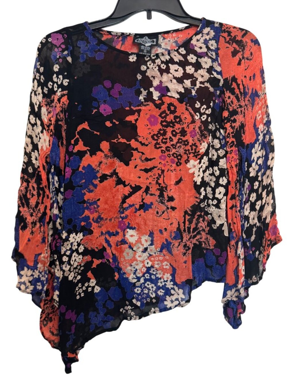 Floral Abstract Asymmetrical Blouse - Black & Coral